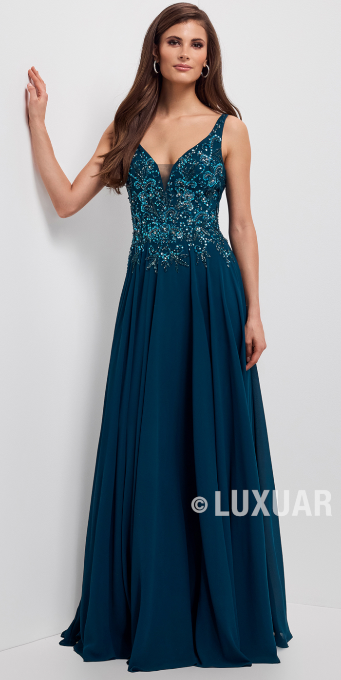Langes Ballkleid in petrolgrün