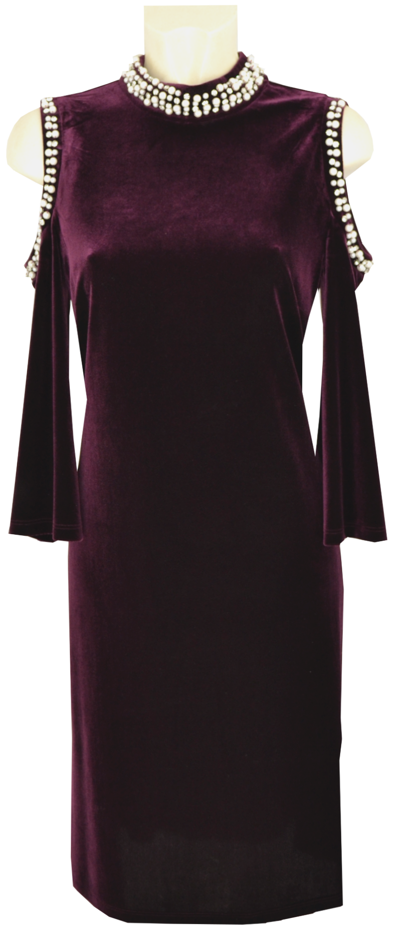 189211-BordeauxuUfZXbH2XWBLH Mittellanges Samt Kleid in bordeaux mit Perlen