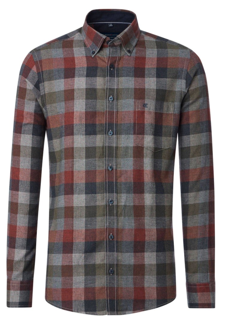 1/1 Arm Flanell -Freizeithemd in mehrfarbig kariert mit brau