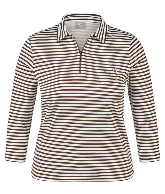 3/4 Arm Polo Shirt in geringelt mit Mokka