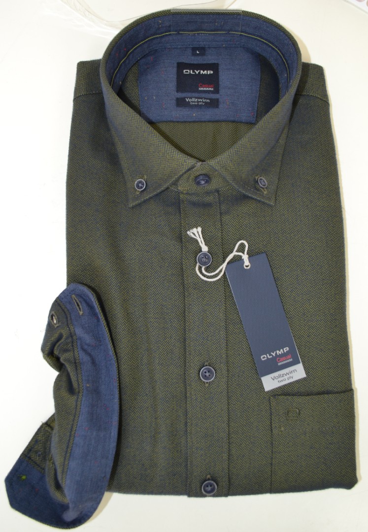 1/1 Arm Vollzwirn Freizeithemd in oliv mit feinem Mustert