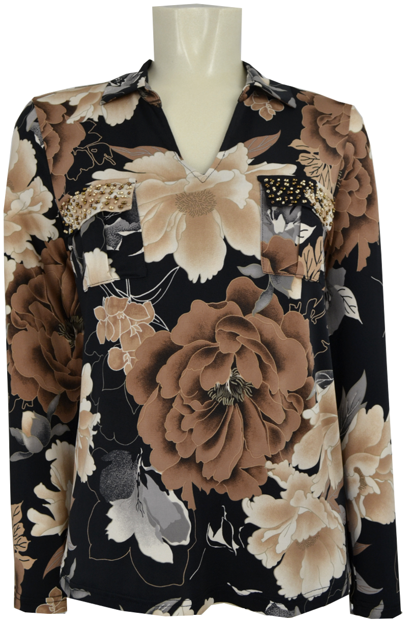 1/1 Arm Bluse in Black-Nude floral gemustert