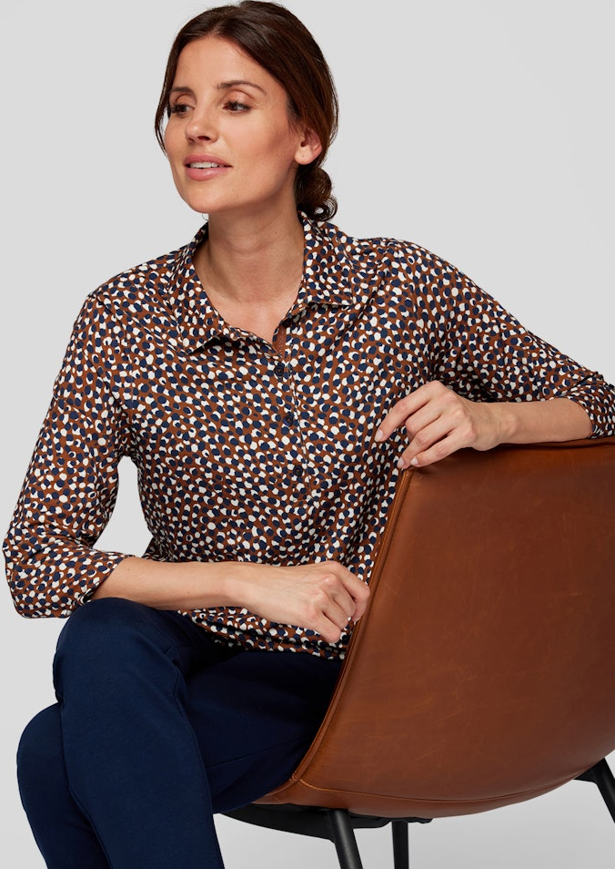 3/4 Arm Polo Shirt in allover gemustert mit braun 