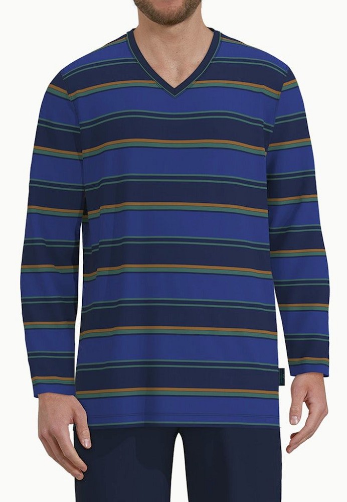 Herren Pyjama lang in Blockstreifen mit Blau