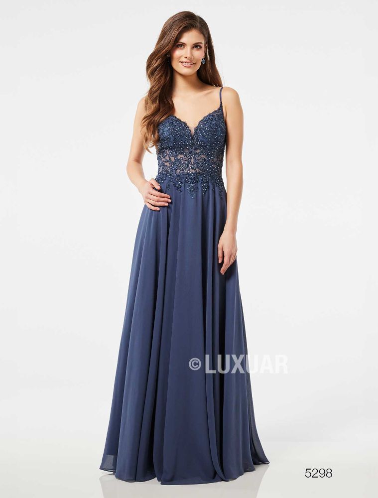 Langes Ballkleid in rauchblau dunkel