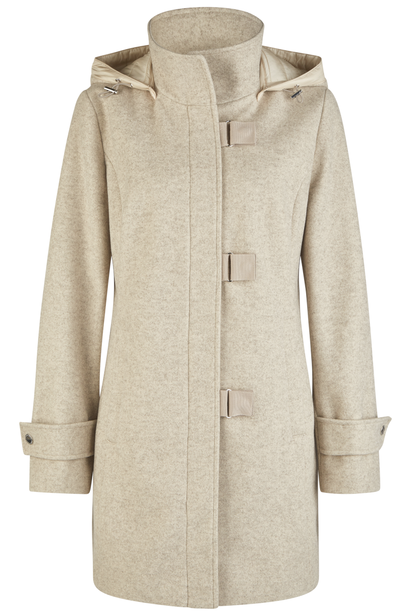10110042-280 Wolljacke in beige meliert mit Kapuze