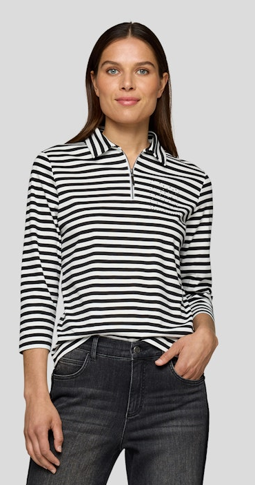 3/4 Arm Polo Shirt in allover geringelt mit schwarz