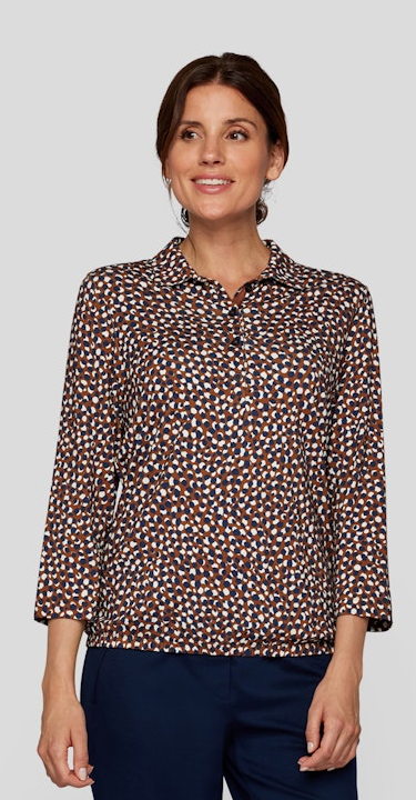 3/4 Arm Polo Shirt in allover gemustert mit braun