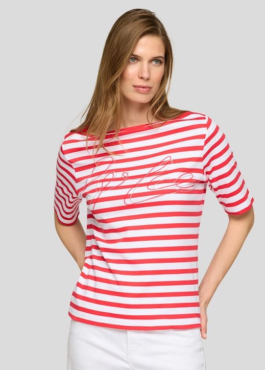 1/2 Arm Shirt in Koralle/Weiß geringelt mit Print