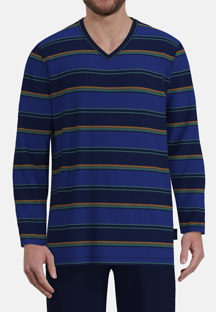 Herren Pyjama lang in Blockstreifen mit Blau