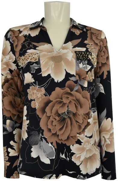 1/1 Arm Bluse in Black-Nude floral gemustert